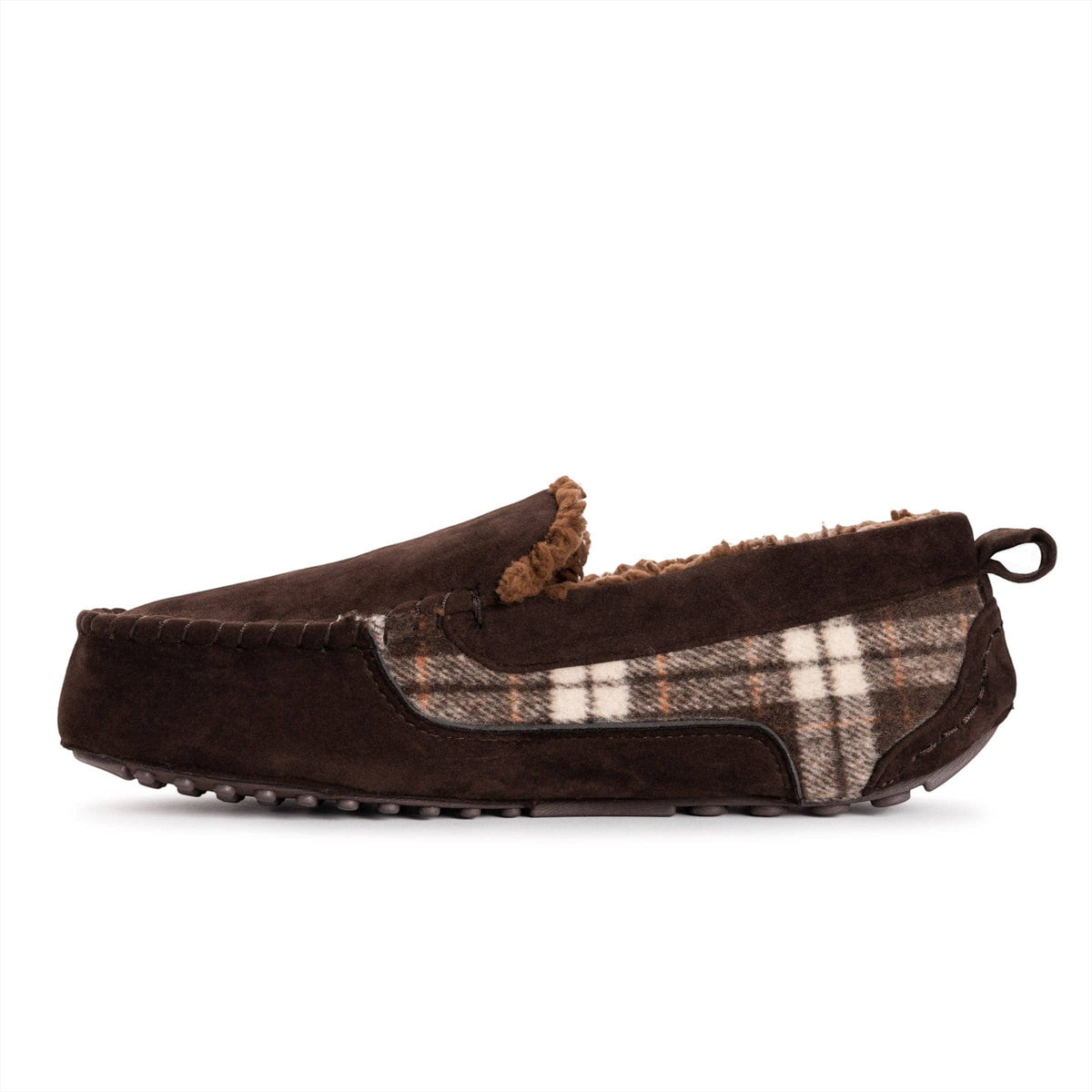 Allen's Bootery Muk Luks Emmett men's brown moccasin slipper with plaid side panel and plush faux fur lining