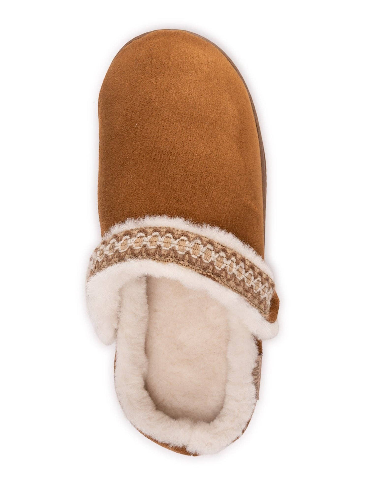 Allen's Bootery MUK LUKS chestnut brown convertible clog slipper with white faux fur lining and patterned trim