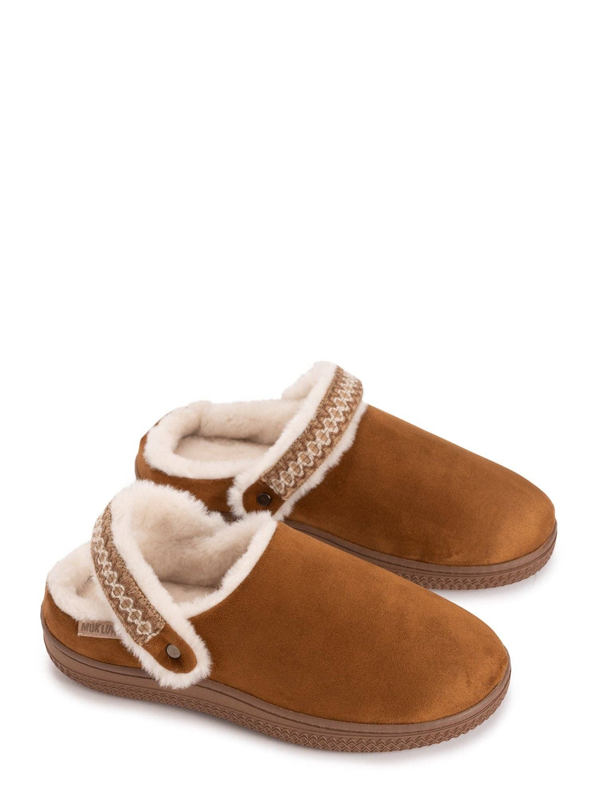 Allen's Bootery MUK LUKS chestnut brown convertible clog slippers with plush faux fur lining and heel strap