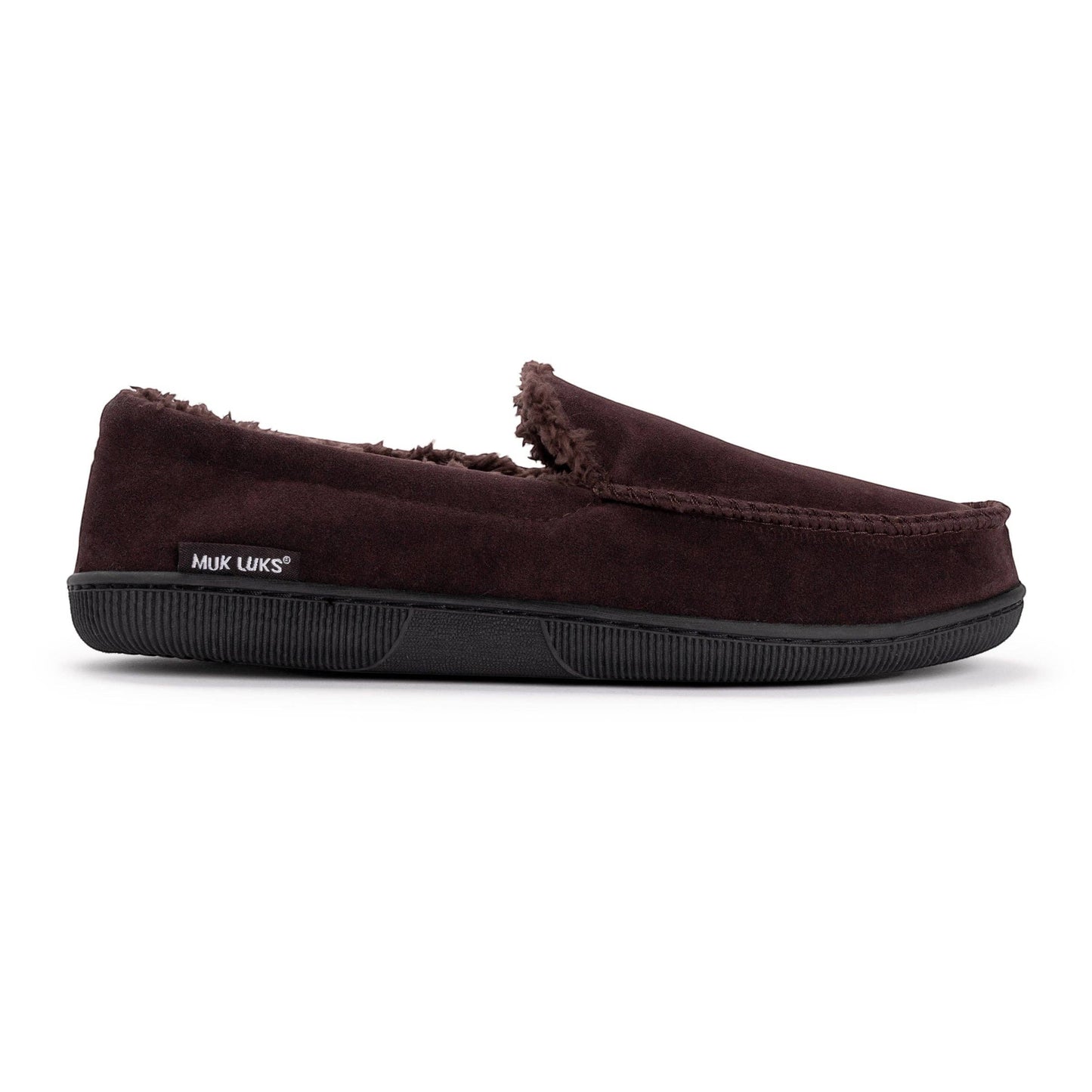 Allen's Bootery Men's Muk Luks dark brown faux suede moccasin slippers with faux fur lining and indoor/outdoor sole.