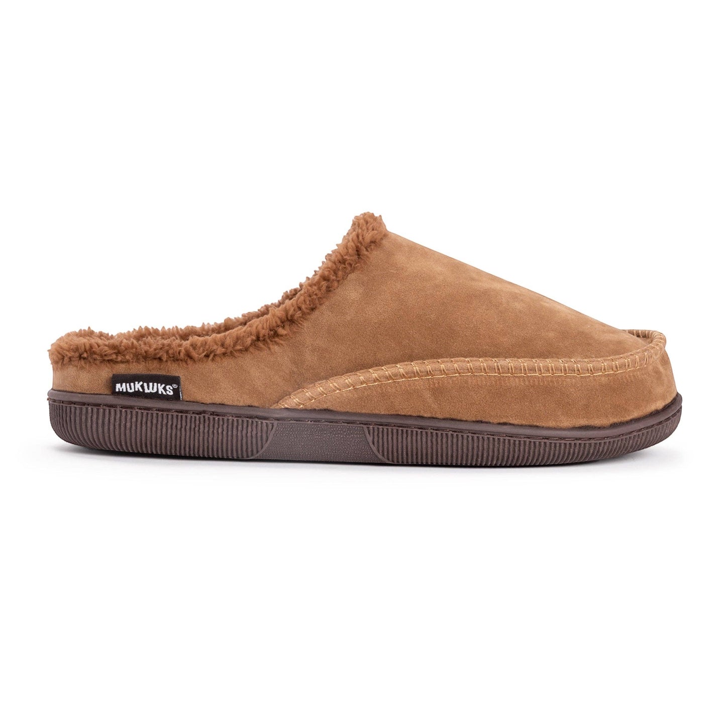 Allen's Bootery MUK LUKS men's tan faux suede clog slippers with faux fur lining and brown sole.