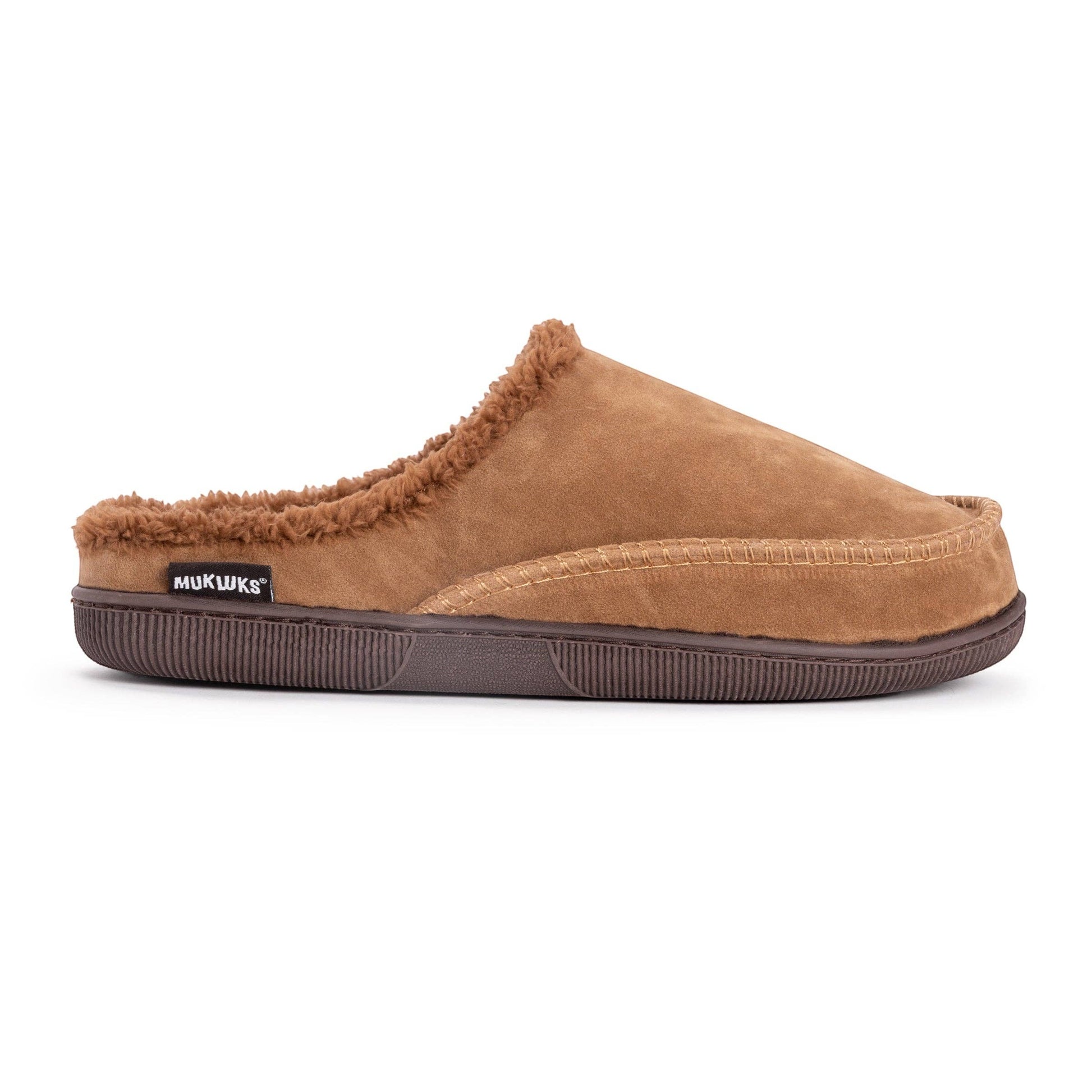 Allen's Bootery MUK LUKS men's tan faux suede clog slippers with faux fur lining and brown sole.