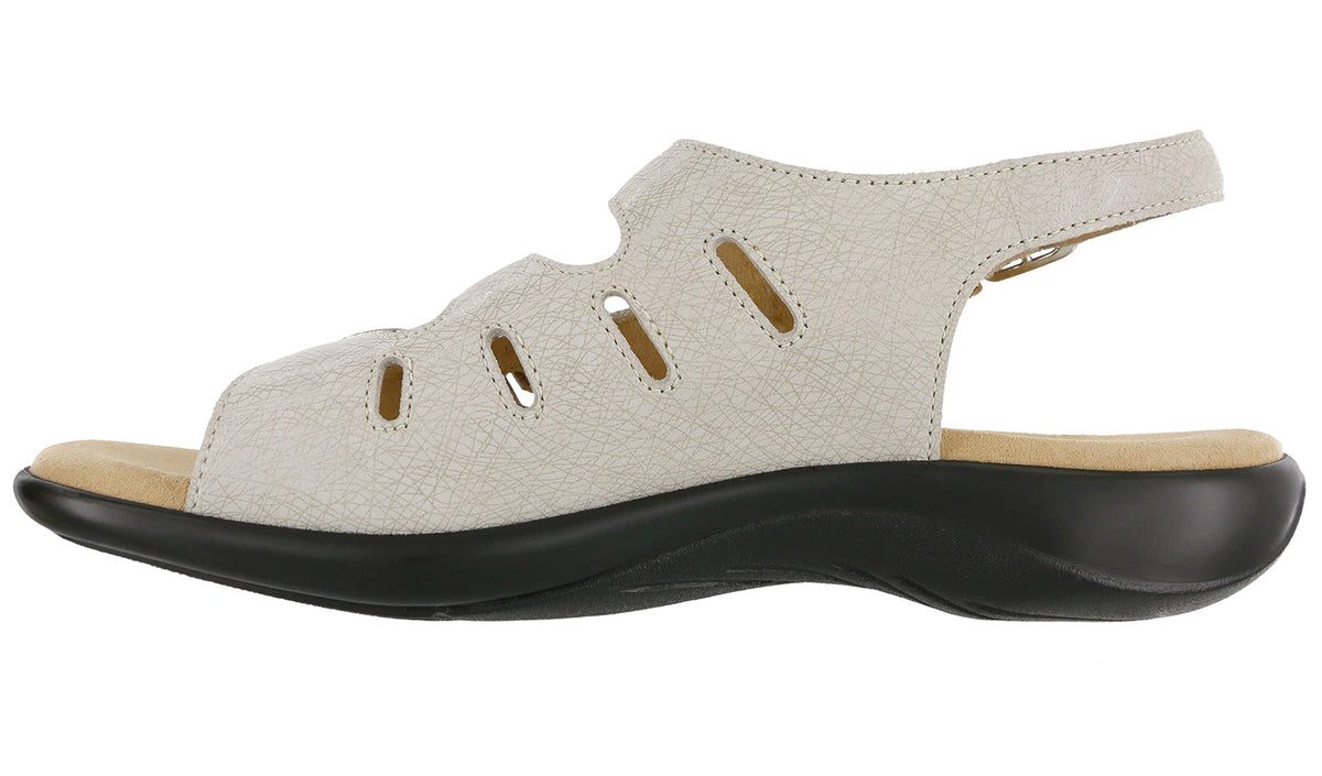 Allen's Bootery Mystic linen sandal in off-white with adjustable buckles, cushioned insole, and black shock-absorbing sole