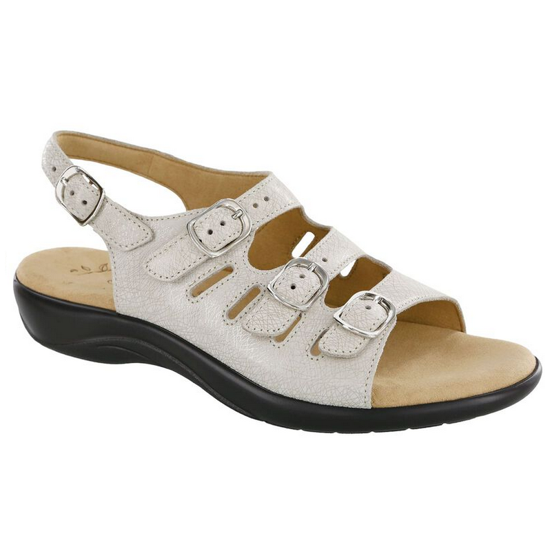 Allen's Bootery Mystic linen-colored sandal with four adjustable silver buckles and a shock-absorbing black sole.