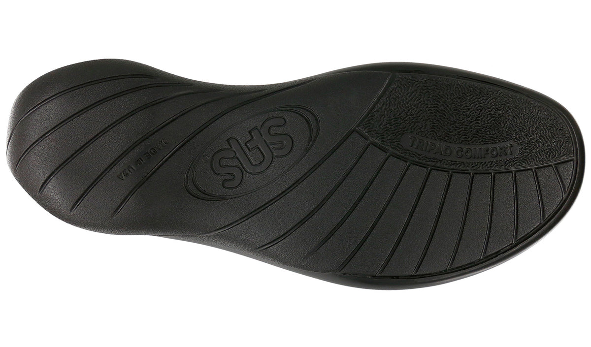 Allen's Bootery Mystic sandal black shock-absorbing rubber outsole with textured tread and SAS branding