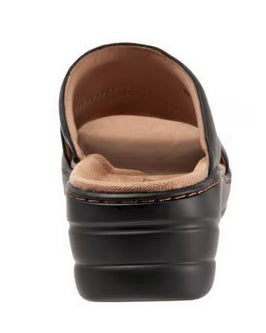 Allen's Bootery Nara black leather slide sandal showing the cushioned memory foam footbed and 2-inch heel back view