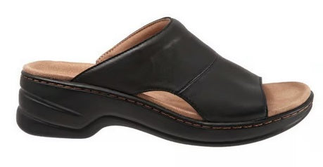 Allen's Bootery Nara black leather slide sandal with a 2-inch heel, memory foam footbed, and flexible lightweight sole.