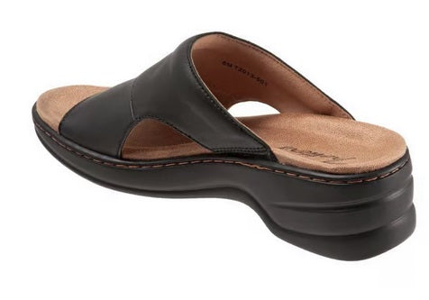 Allen's Bootery Nara black leather slide sandal with a cushioned memory foam footbed and lightweight wedge heel