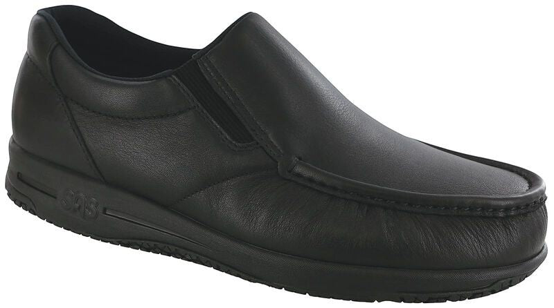 Allen's Bootery NAVIGATOR-SR black leather slip-on work shoe with slip-resistant sole and moccasin construction.