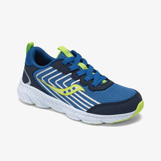 Allen's Bootery navy and blue leather and mesh athletic sneakers with lime green accents and white soles.