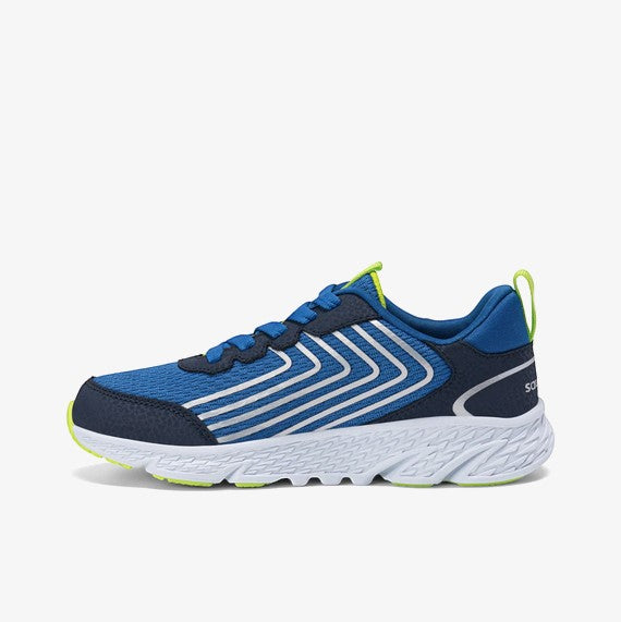 Allen's Bootery navy and blue mesh and leather athletic sneakers with white chevron accents and lime green trim.
