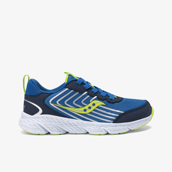Allen's Bootery navy and blue mesh and leather athletic sneakers with lime green accents and white sole.