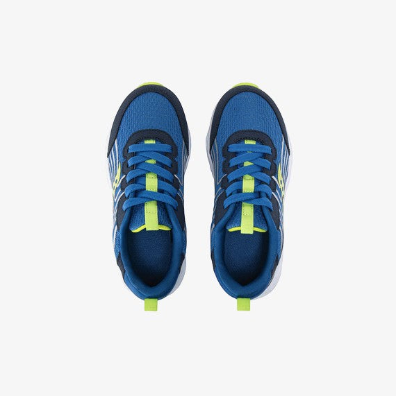 Allen's Bootery navy and blue mesh sneakers with lime green accents and white soles. Features breathable design and flexible outsole.