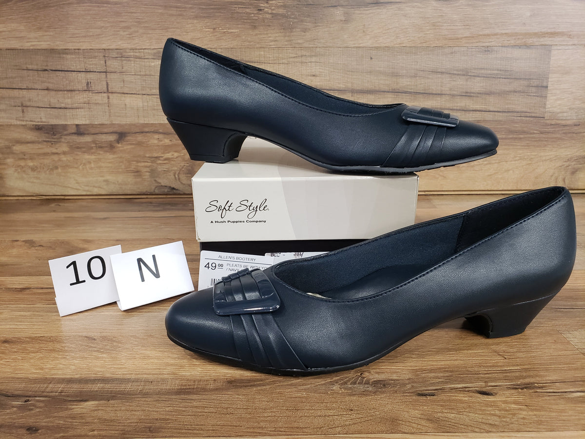 Allen's Bootery navy blue Pleats Be With You pumps with a rounded toe, buckle detail, and low block heel.