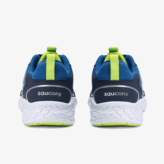 Allen's Bootery navy and blue leather and textile sneakers with lime green accents and white soles.