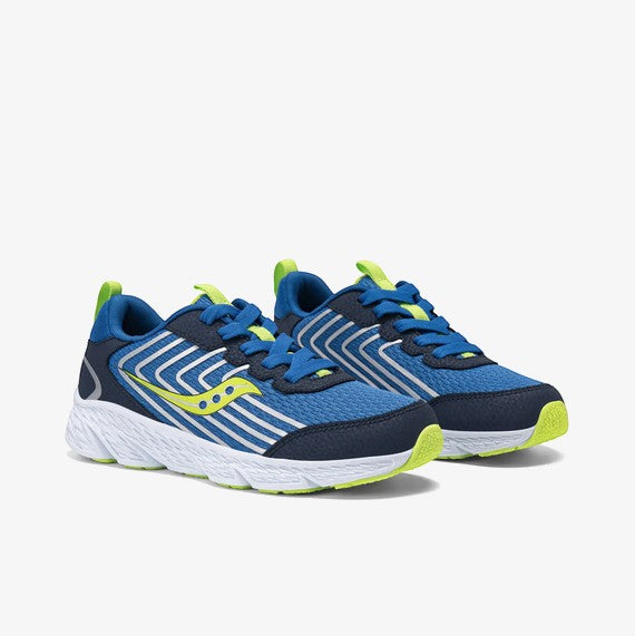 Allen's Bootery navy and blue leather and textile sneakers with lime green accents and white soles.
