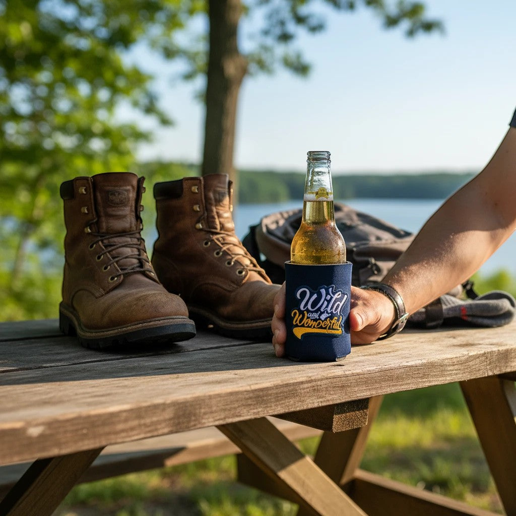 Allen's Bootery navy blue Wild & Wonderful patch can cooler held on a wooden picnic table next to brown leather boots.