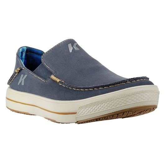 Allen's Bootery navy blue canvas slip-on boat shoes with contrast stitching and a cushioned sole.