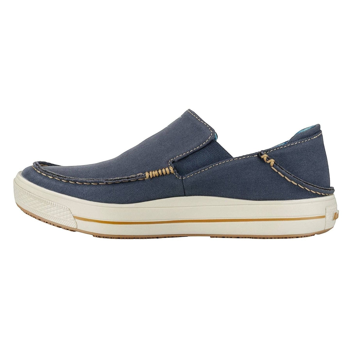 Allen's Bootery navy blue canvas slip-on boat shoes with moc-toe stitching and contrast stitching.