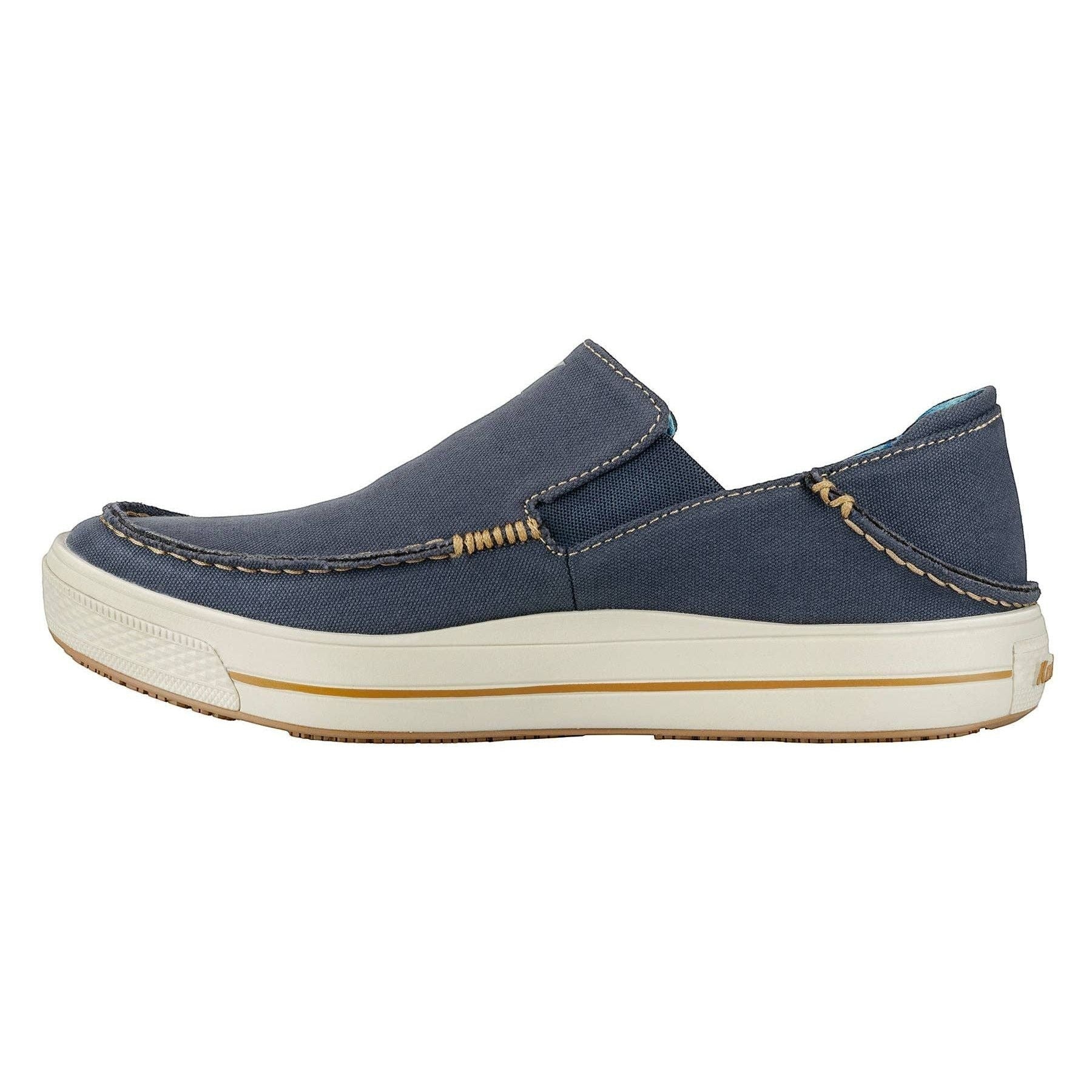 Allen's Bootery navy blue canvas slip-on boat shoes with moc-toe stitching and contrast stitching.