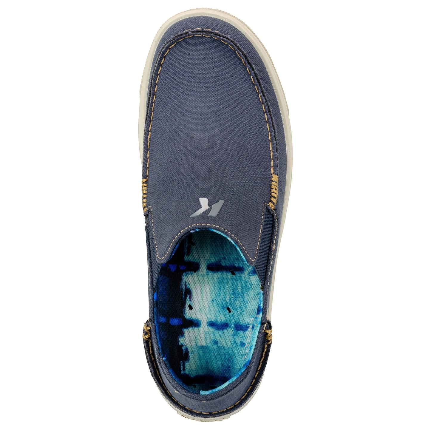Allen's Bootery navy blue canvas slip-on boat shoes with moc-toe and contrast stitching.