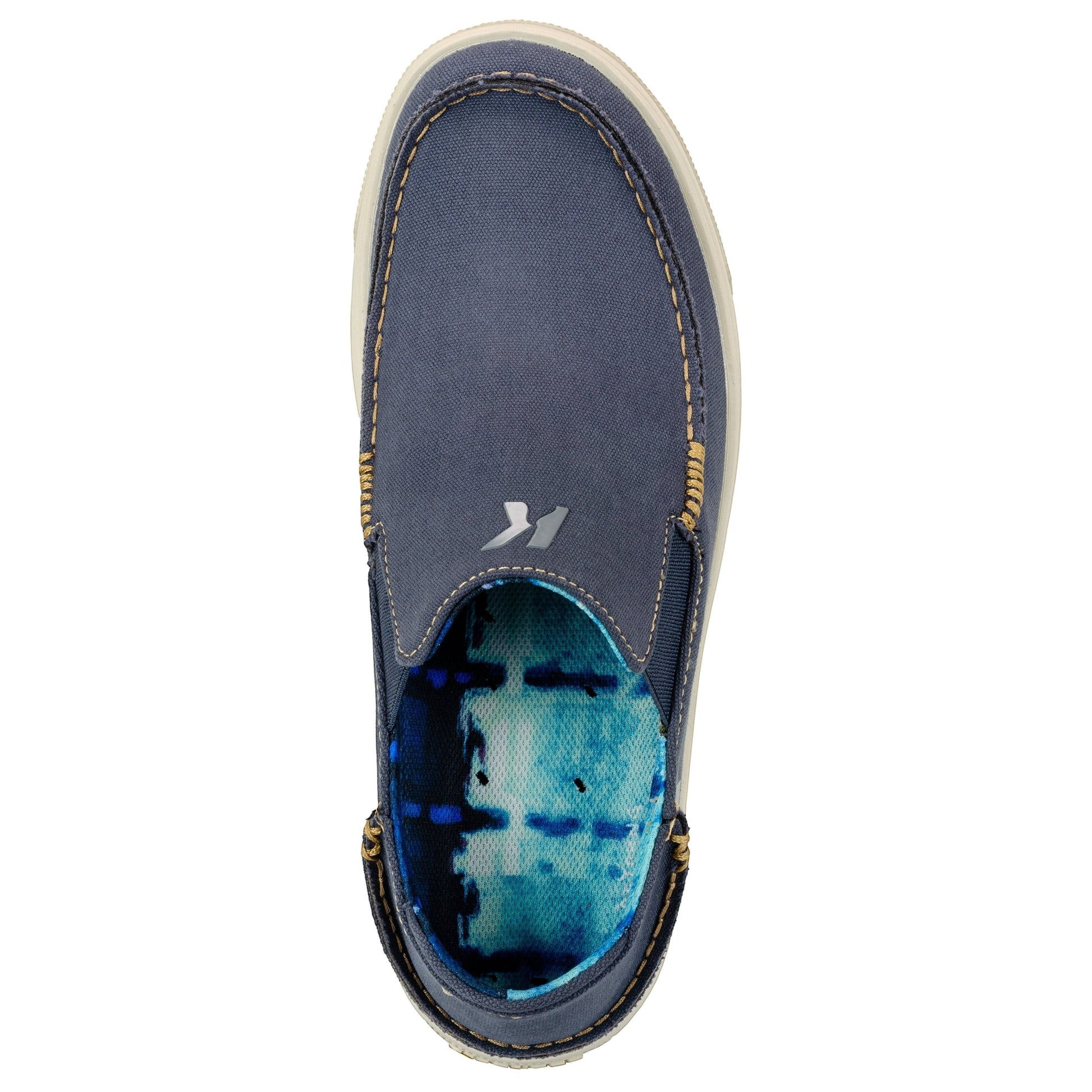 Allen's Bootery navy blue canvas slip-on boat shoes with moc-toe and contrast stitching.