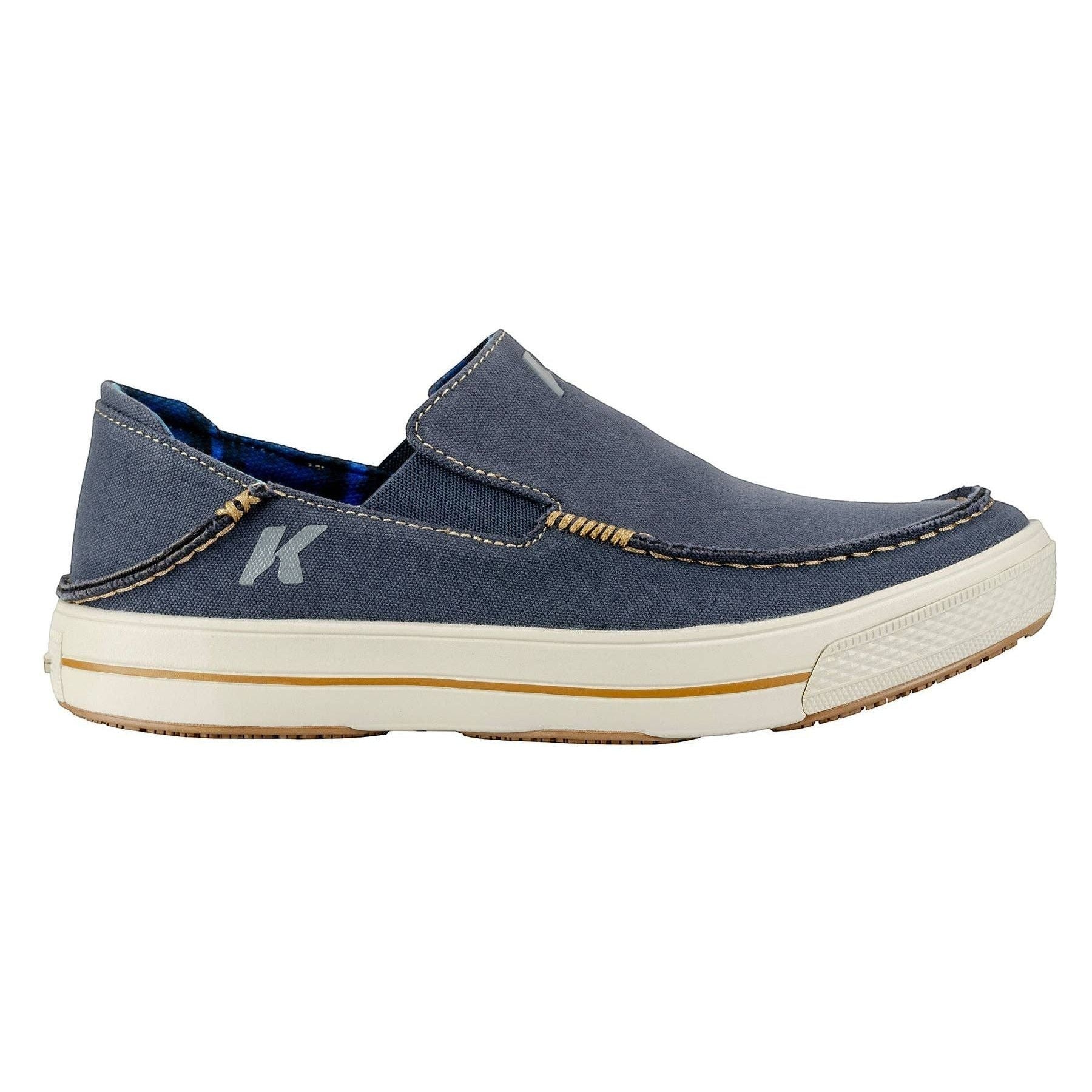 Allen's Bootery navy blue canvas slip-on boat shoes with contrast stitching and a white sole.