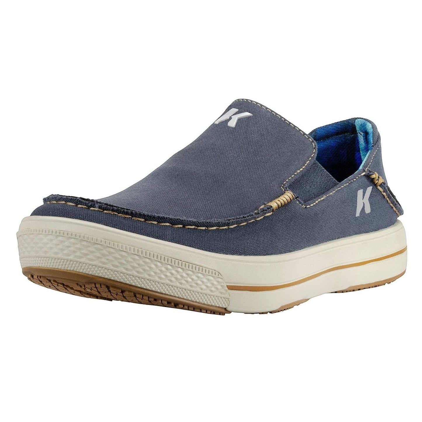 Allen's Bootery navy blue canvas slip-on boat shoes with white 'K' logo and contrast stitching.