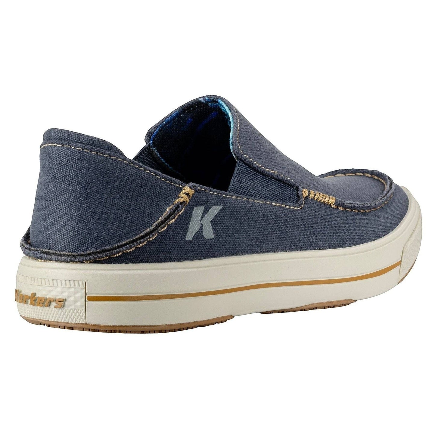 Allen's Bootery navy blue canvas slip-on boat shoes with contrast stitching and a K logo.