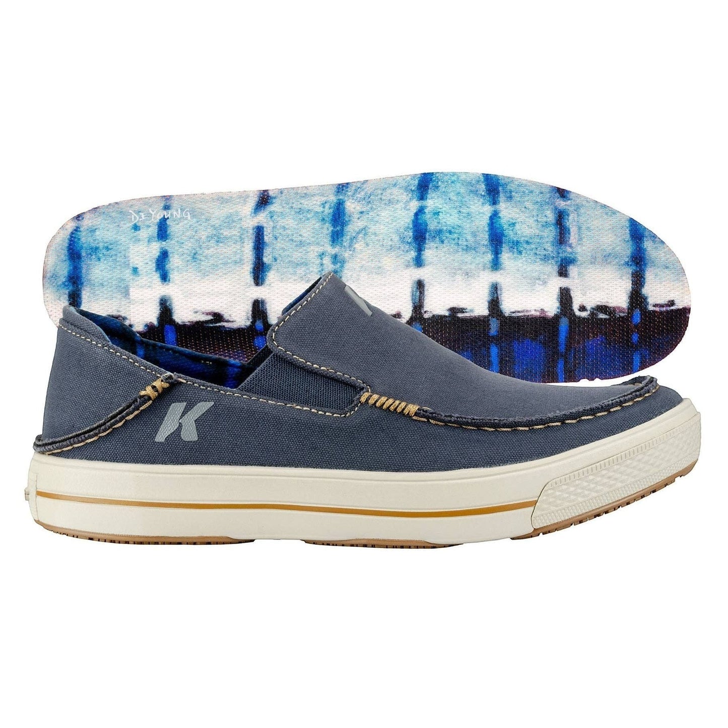 Allen's Bootery navy blue canvas slip-on boat shoes with contrast stitching and a tie-dye inspired insole.