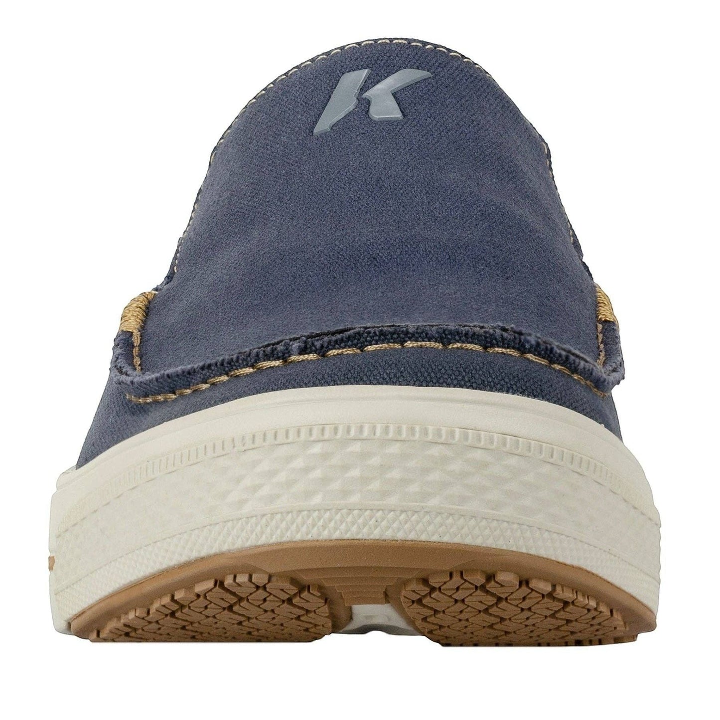 Allen's Bootery navy blue canvas slip-on boat shoes with contrast stitching and a white sole.