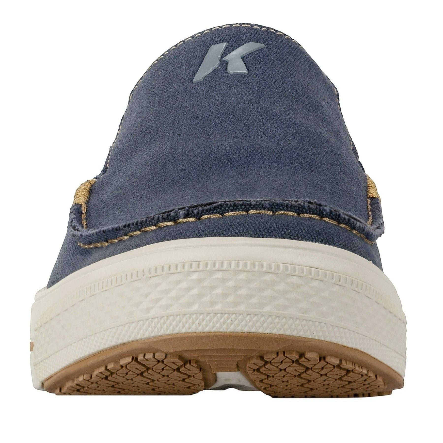 Allen's Bootery navy blue canvas slip-on boat shoes with contrast stitching and a white sole.