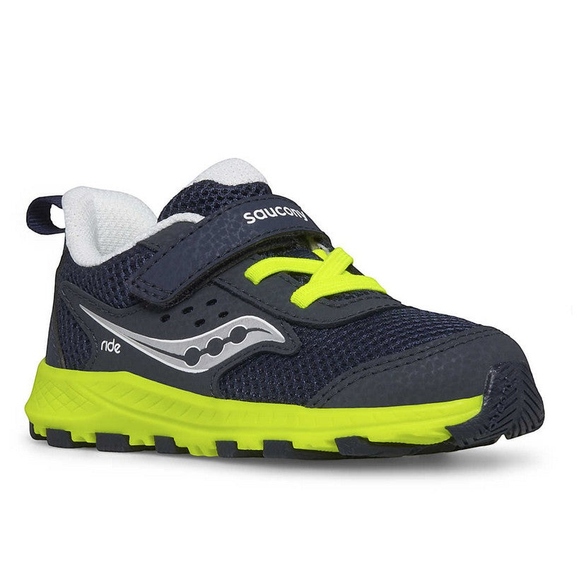 Allen's Bootery navy and citron toddler Ride Jr. sneaker with hook and loop closure, mesh upper, and grippy outsole.