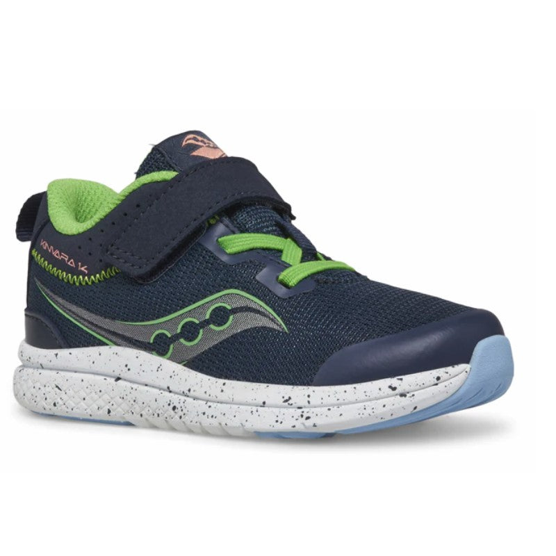 Allen's Bootery Kinvara 14 kids' navy and green running shoe with mesh upper, hook-and-loop closure, and speckled sole
