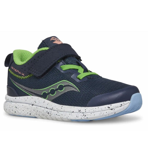 Allen's Bootery Kinvara 14 kids' navy and green running shoe with mesh upper, hook-and-loop closure, and speckled sole