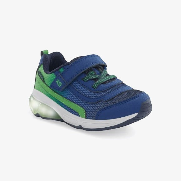 Allen's Bootery Made2Play Surge Bounce navy and green light-up athletic sneaker with hook and loop closure