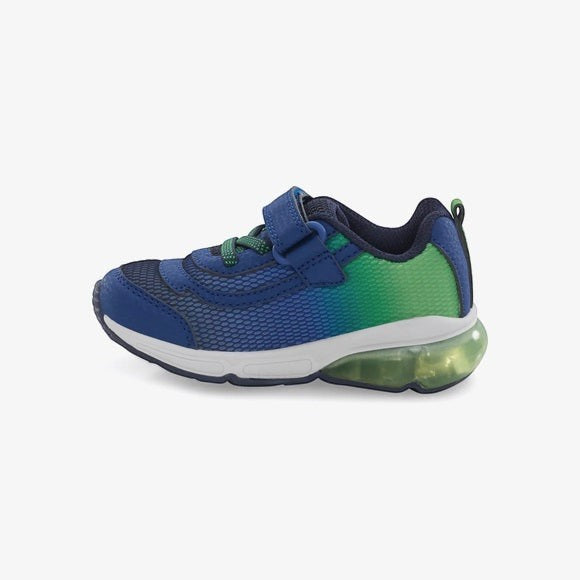Allen's Bootery M2P Surge Bounce navy and green light-up athletic sneaker with hook and loop closure.