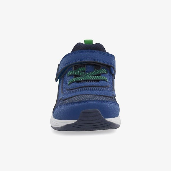Allen's Bootery M2P Surge Bounce navy and green light-up sneaker with hook and loop closure and elastic laces.