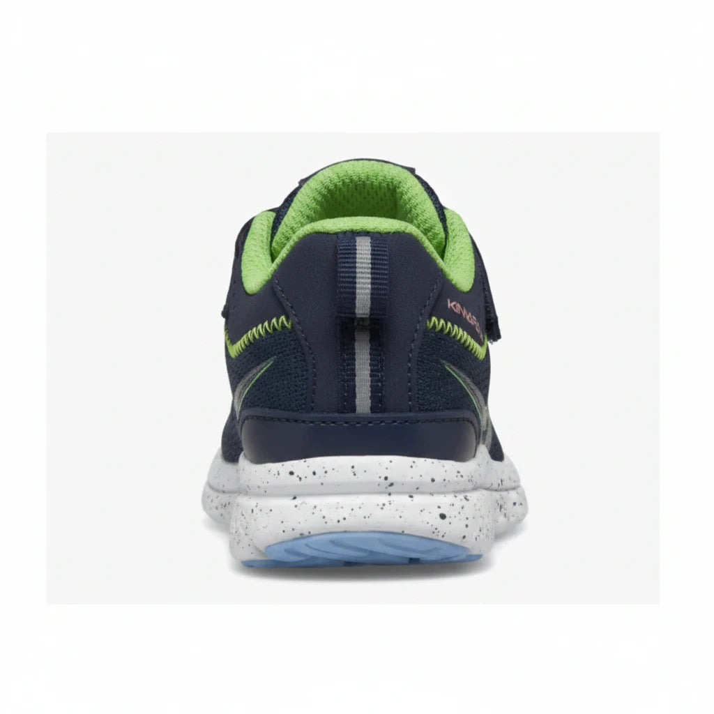 Allen's Bootery infant Kinvara 14 A/C sneaker in navy and green with a speckled white midsole and heel pull tab.