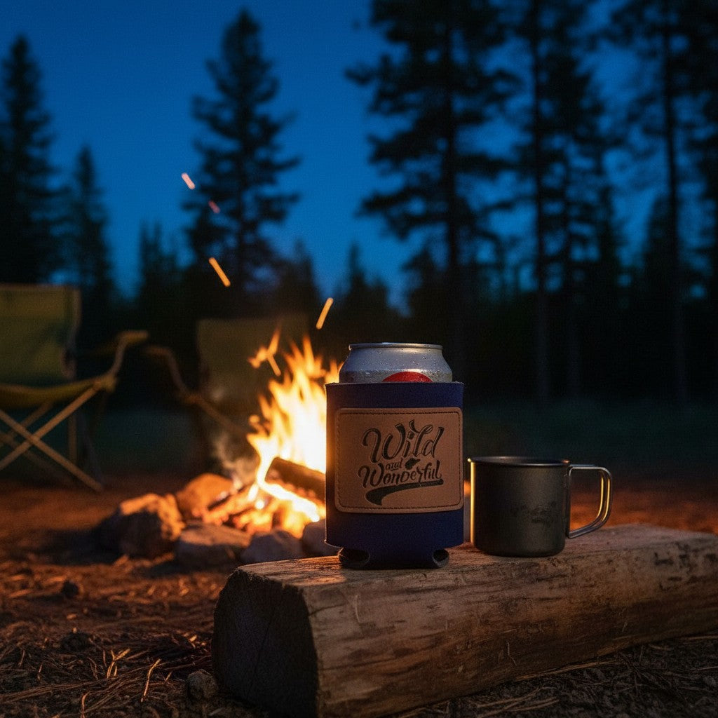 Allen's Bootery navy blue foam can koozie with a Wild & Wonderful leather patch, set by a campfire at night.