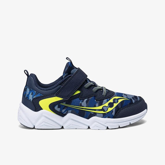 Allen's Bootery Little Kid's Flash LE navy and lime camouflage sneakers with hook-and-loop strap.