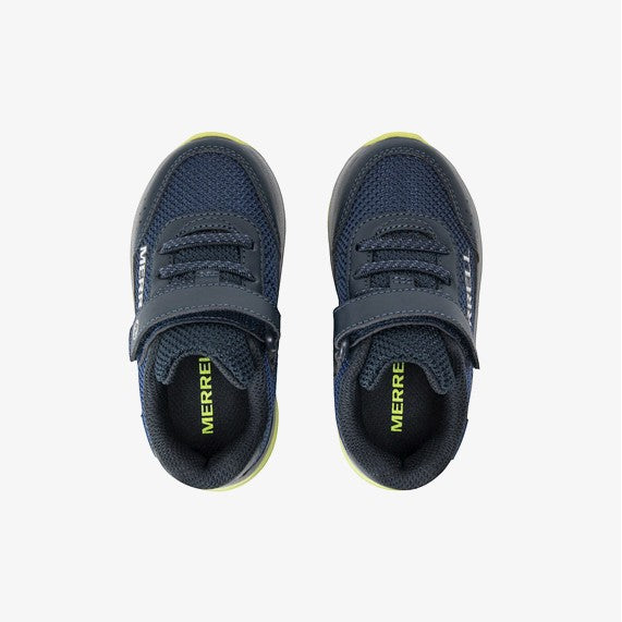 Allen's Bootery navy and lime green Merrell SNOVA JR infant athletic shoes with hook-and-loop closure and breathable mesh upper.