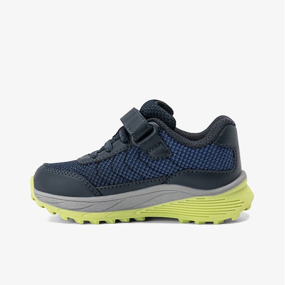 Allen's Bootery infant/toddler Merrell SNOVA JR athletic shoes in navy with lime green accents and hook-and-loop closure.