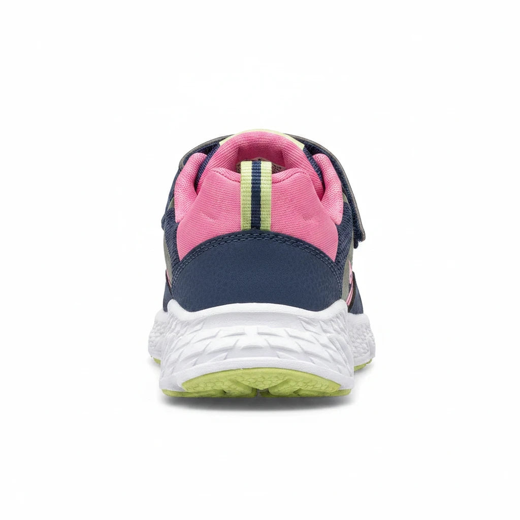 Allen's Bootery Little Kid's Wind Shield A/C sneaker in navy and pink with a white EVA midsole and heel pull tab