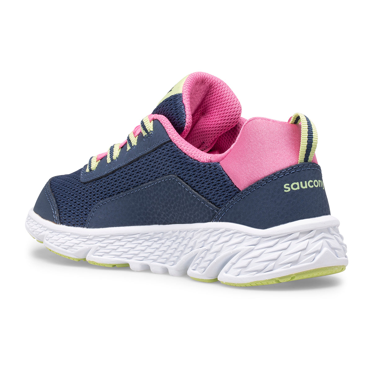 Allen's Bootery Big Kid's Wind Shield navy and pink sneaker with mesh upper, lace closure, and white EVA midsole.