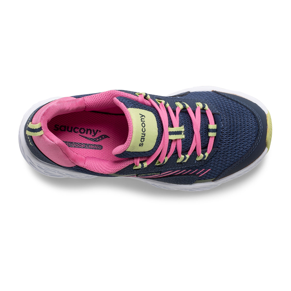Allen's Bootery Big Kid's Wind Shield sneaker in navy and pink with mesh upper, lace closure, and white EVA midsole.