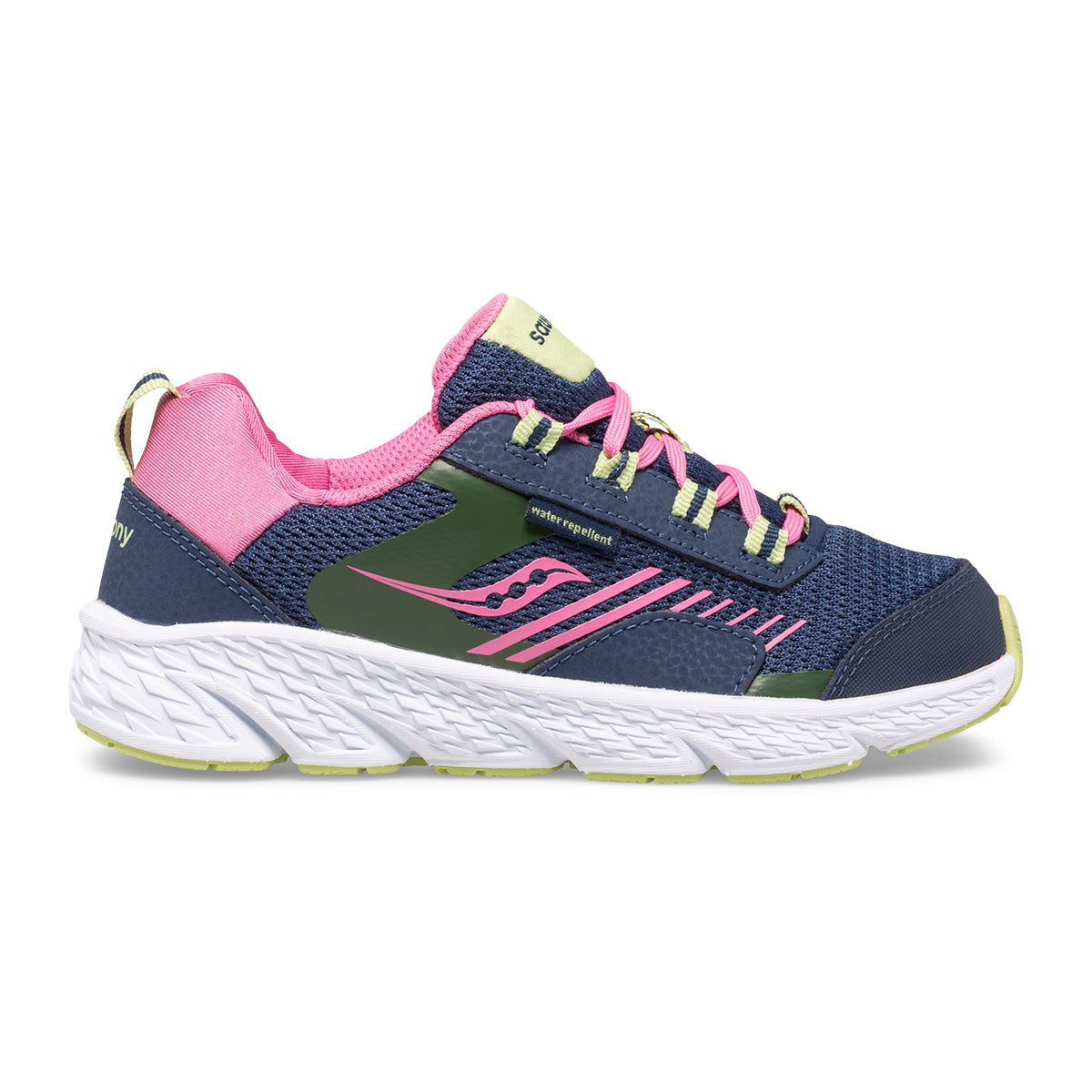 Allen's Bootery Big Kid's Wind Shield sneaker in navy and pink with mesh upper, lace closure, and white EVA midsole.