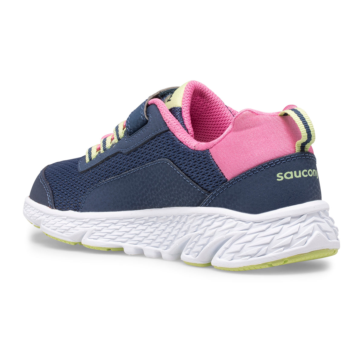 Allen's Bootery Little Kid's Wind Shield A/C sneaker in navy and pink with a white EVA midsole and rubber outsole.