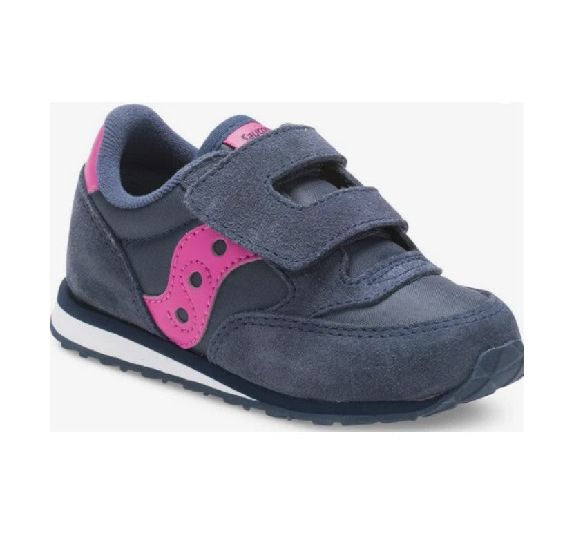 Allen's Bootery Little Kid's Baby Jazz navy and pink leather and mesh sneakers with hook-and-loop closure