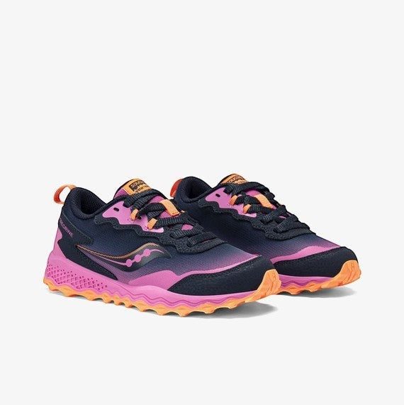 Allen's Bootery Big Kid's Peregrine Shield navy and pink all-terrain sneakers with lace closure and grippy outsole.